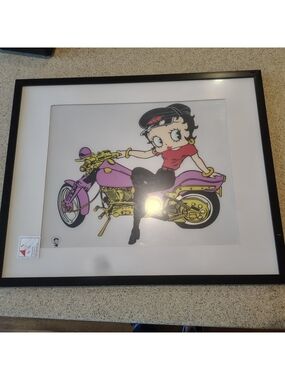 Vintage Betty Boop Pink Motorcycle Art Sericel 17 X 21" Framed 1999